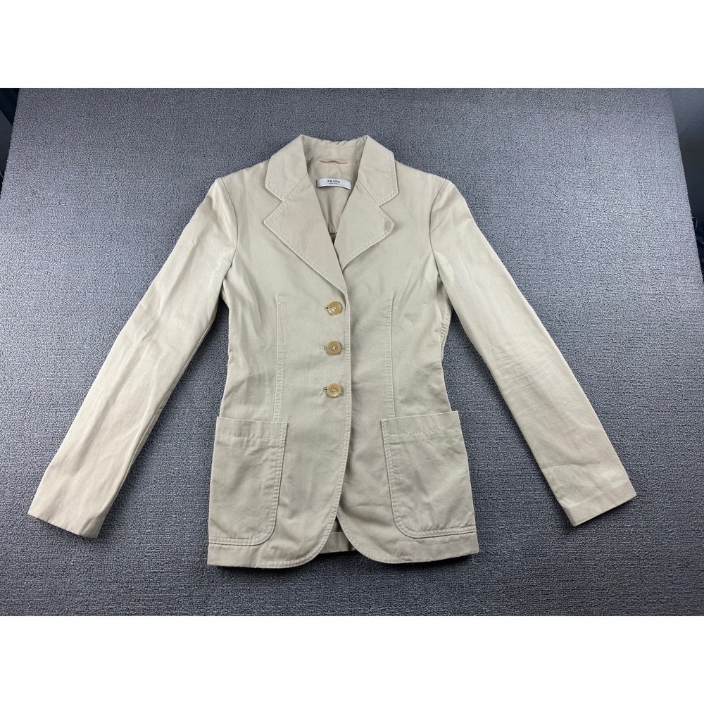 Y2K Prada Jacket Pant Suit Set Women 40 Beige Cotton Italy Made Designer Luxury